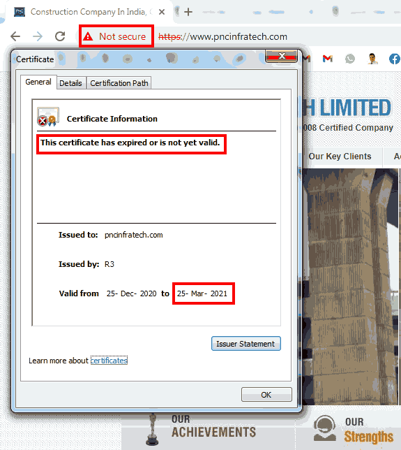 PNC Infratech Ltd SSL Certificate Is Expired