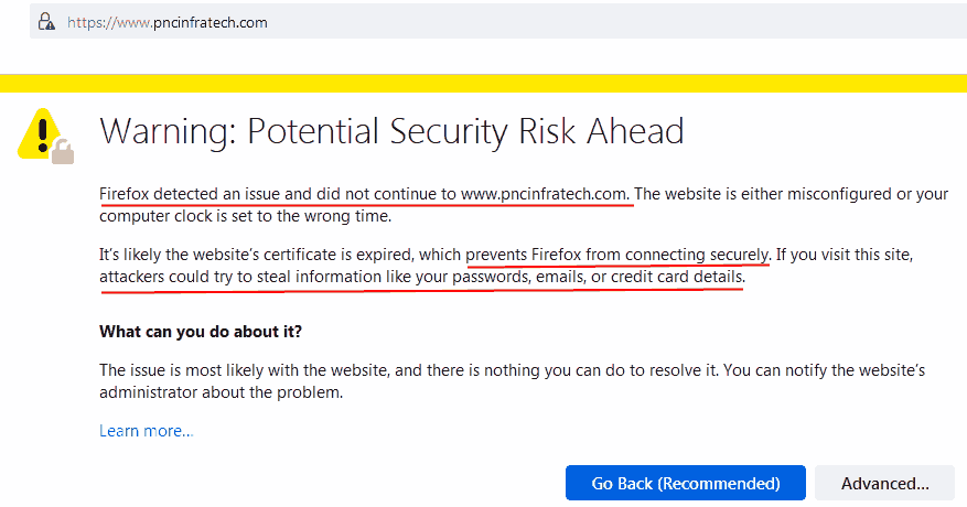 PNC Infratech Ltd Warning From Web Browsers